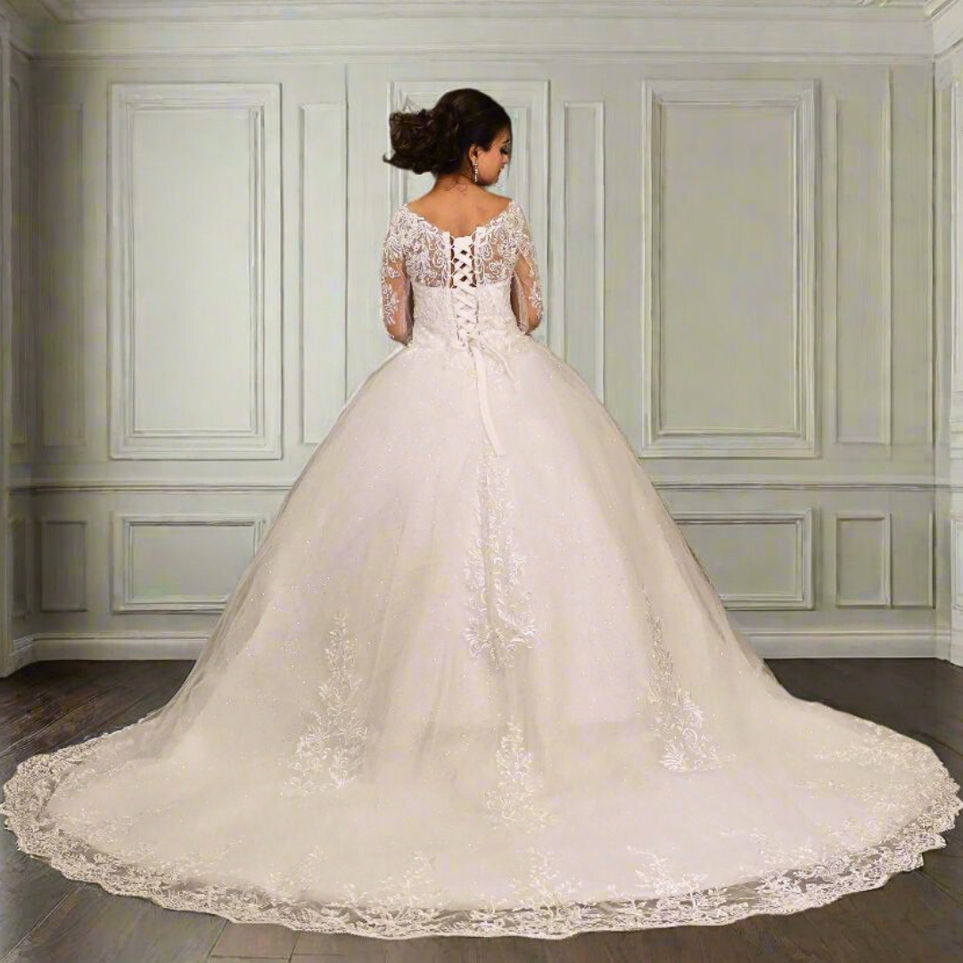 GownLink White Christian Wedding  Train Gown with Long Sleeves GLGF051T