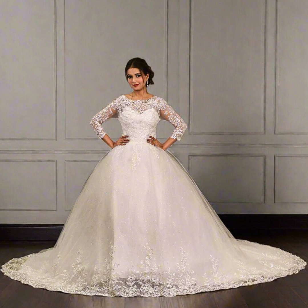 GownLink White Christian Wedding  Train Gown with Long Sleeves GLGF051T