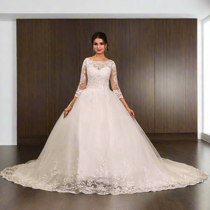 GownLink Elegant White Church Wedding Gown for Christian Brides with Long Sleeves & Train GLGF051T