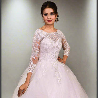 GownLink Elegant White Church Wedding Gown for Christian Brides with Long Sleeves & Train GLGF051T