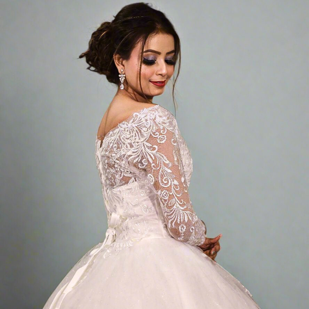 GownLink White Christian Wedding  Train Gown with Long Sleeves GLGF051T