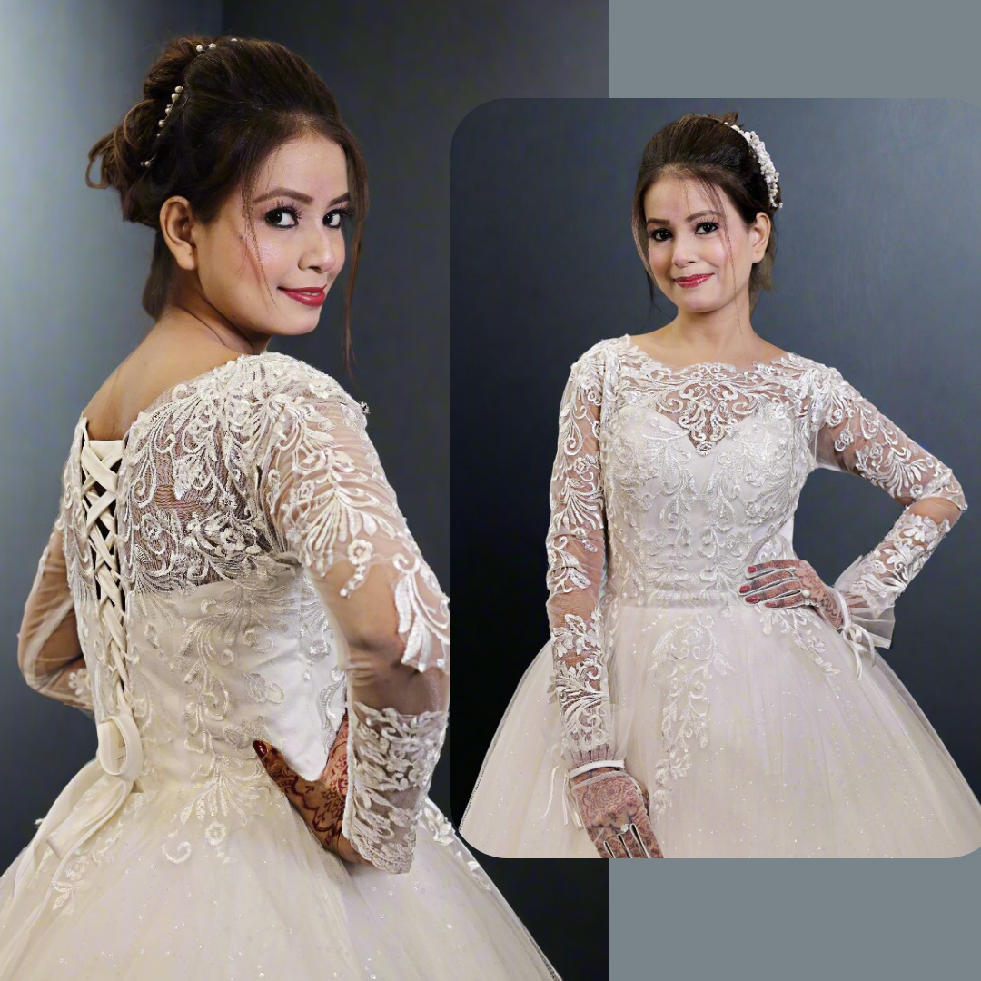 GownLink White Christian Wedding  Train Gown with Long Sleeves GLGF051T