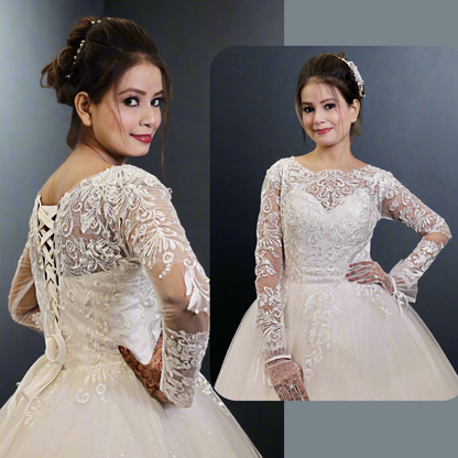 GownLink Elegant White Church Wedding Gown for Christian Brides with Long Sleeves & Train GLGF051T