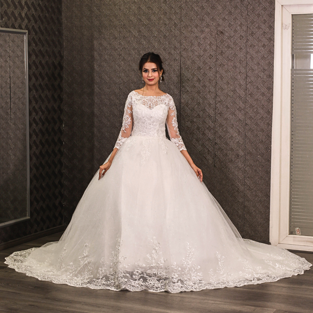 GownLink White Christian Wedding  Train Gown with Long Sleeves GLGF051T