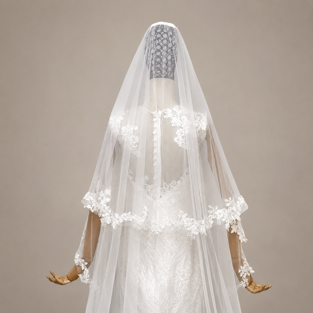 Church setting with model wearing Cathedral Bridal Veil with Lace — GownLink CATHEDRAL
