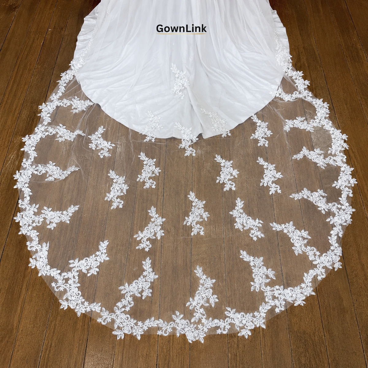 Full spread view of Cathedral Bridal Veil with Lace on flat surface — GownLink CATHEDRAL