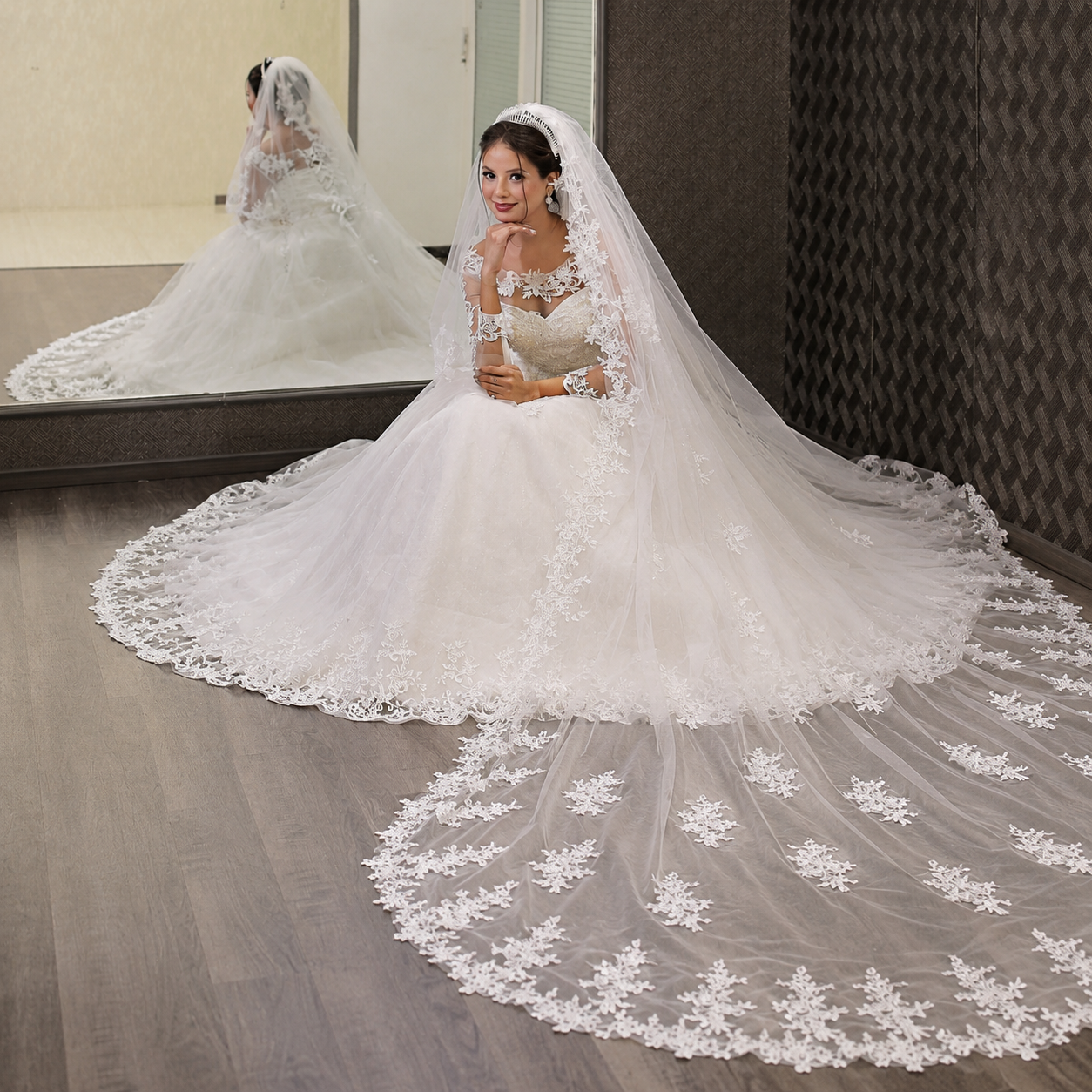 Model wearing Cathedral Bridal Veil with Lace with bridal gown — GownLink CATHEDRAL