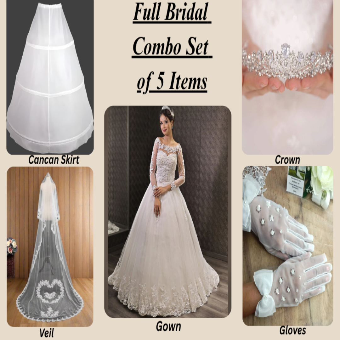 Full bridal combo set with cancan skirt, veil, gown, crown, and gloves on a beige background.