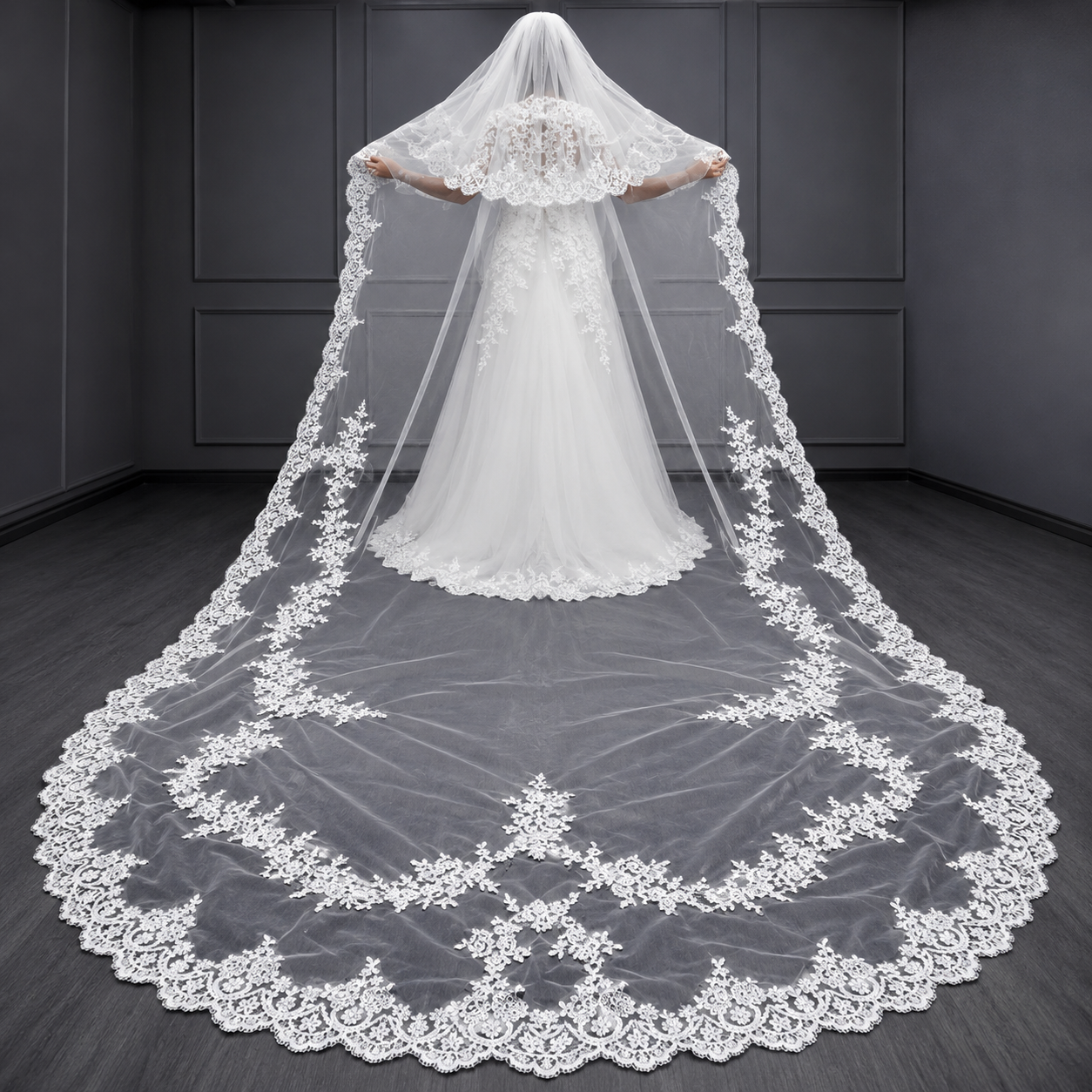 Front view of Cathedral Bridal Veil draped over model — GownLink CATHEDRAL