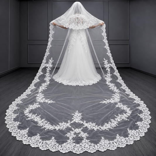 Front view of Cathedral Bridal Veil draped over model — GownLink CATHEDRAL