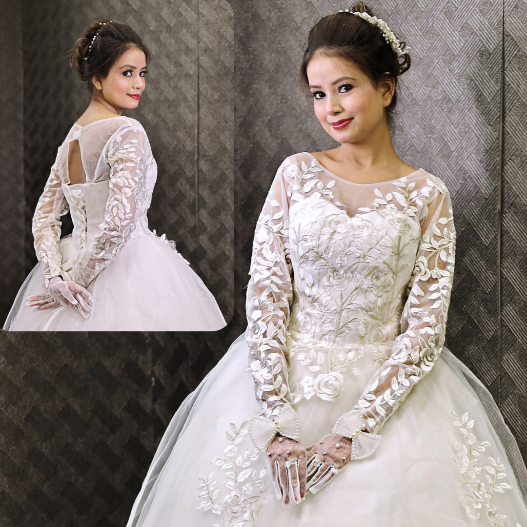 Gownlink White Christian Wedding Ball Gown with Lace Appliques Full Sleeves GLGF038