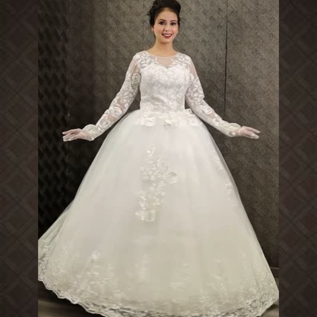 Gownlink White Christian Wedding Ball Gown with Lace Appliques Full Sleeves GLGF038