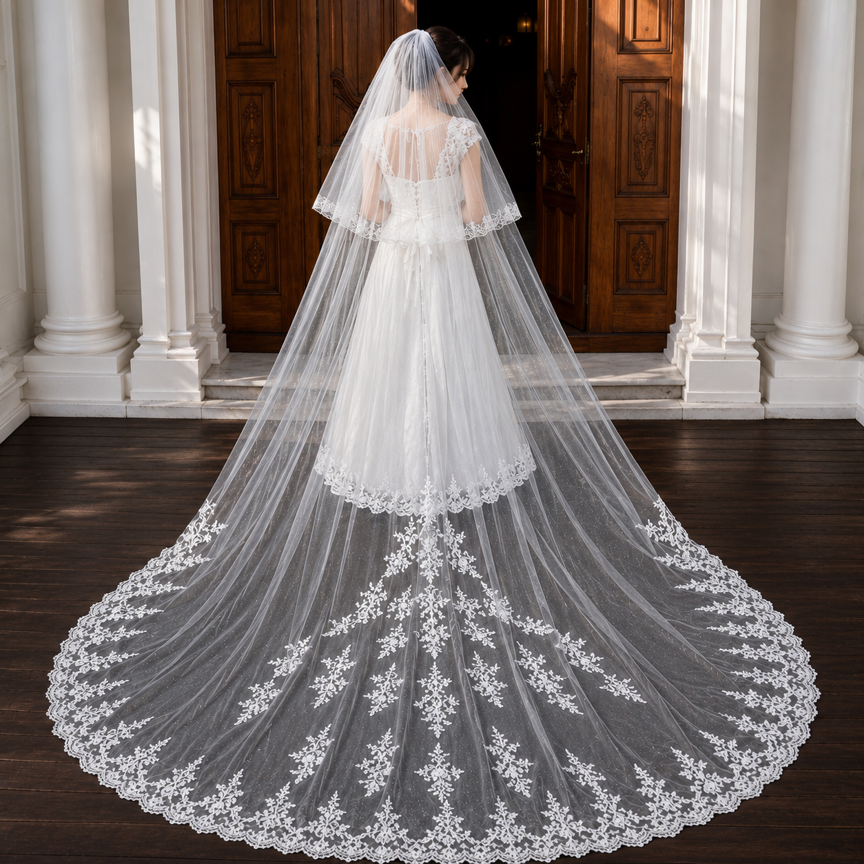 Back view of Long Bridal Veil showing full length and drape — GownLink GLAVL008