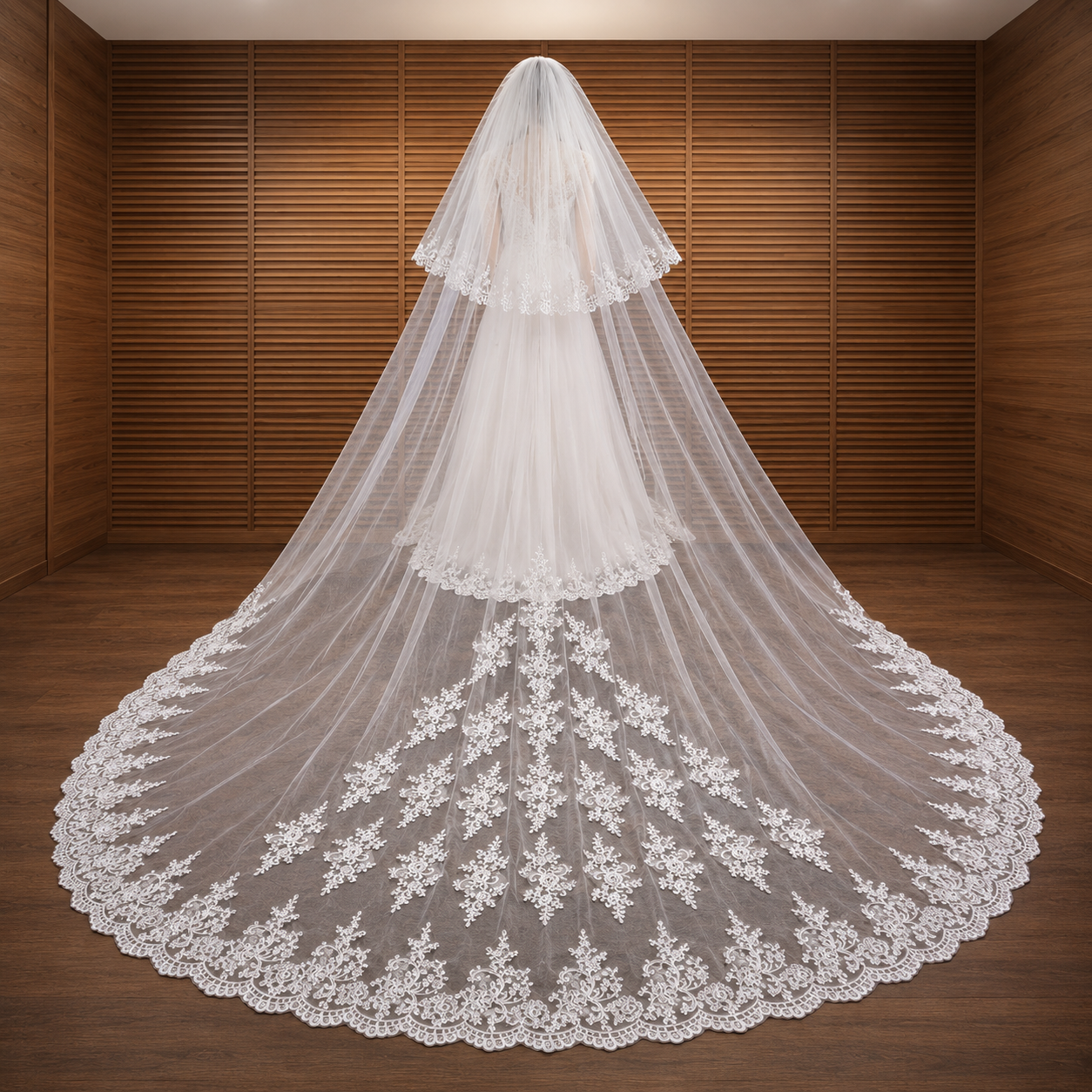 Front view of Long Bridal Veil draped over model — GownLink GLAVL008