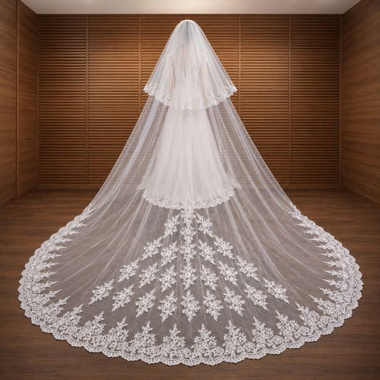 Front view of Long Bridal Veil draped over model — GownLink GLAVL008