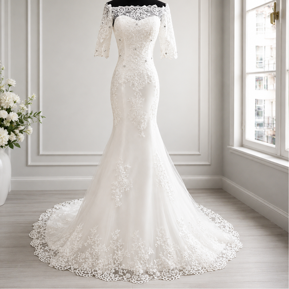 Gownlink Elegant White Mermaid Bridal Wedding Dress with Train for Christian Church Bride GLD-950