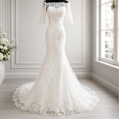 Gownlink Elegant White Mermaid Bridal Wedding Dress with Train for Christian Church Bride GLD-950