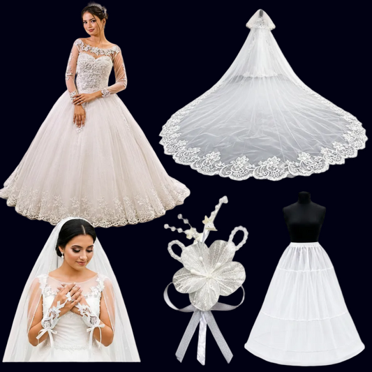 GownLink Full Bridal Set of Five Gown Veil Crown Gloves for Christian & Catholic bride Combo-GF042