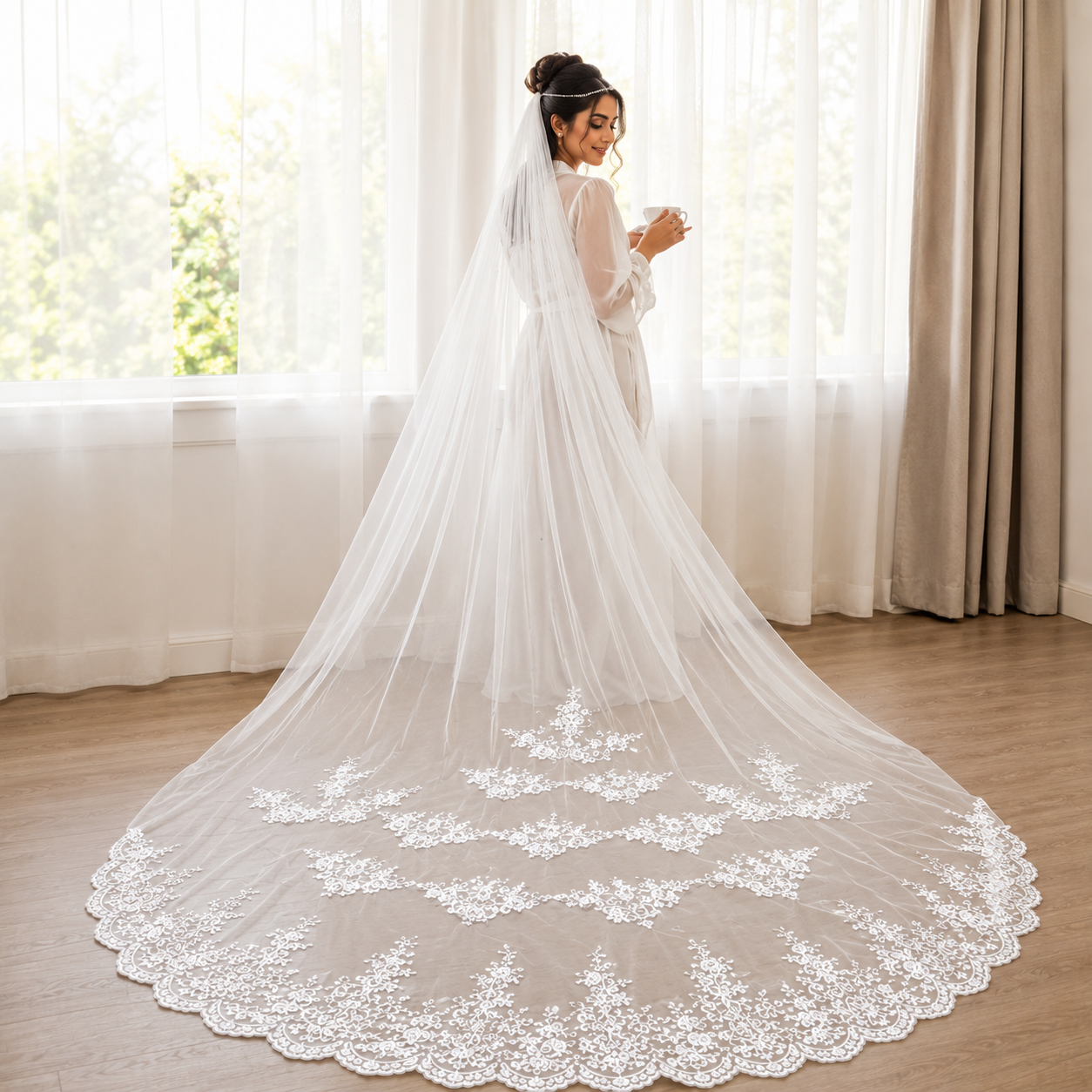 GownLink White Bridal Wedding Veil GLV1800L 4.5 Meter Long with Front Face Layer