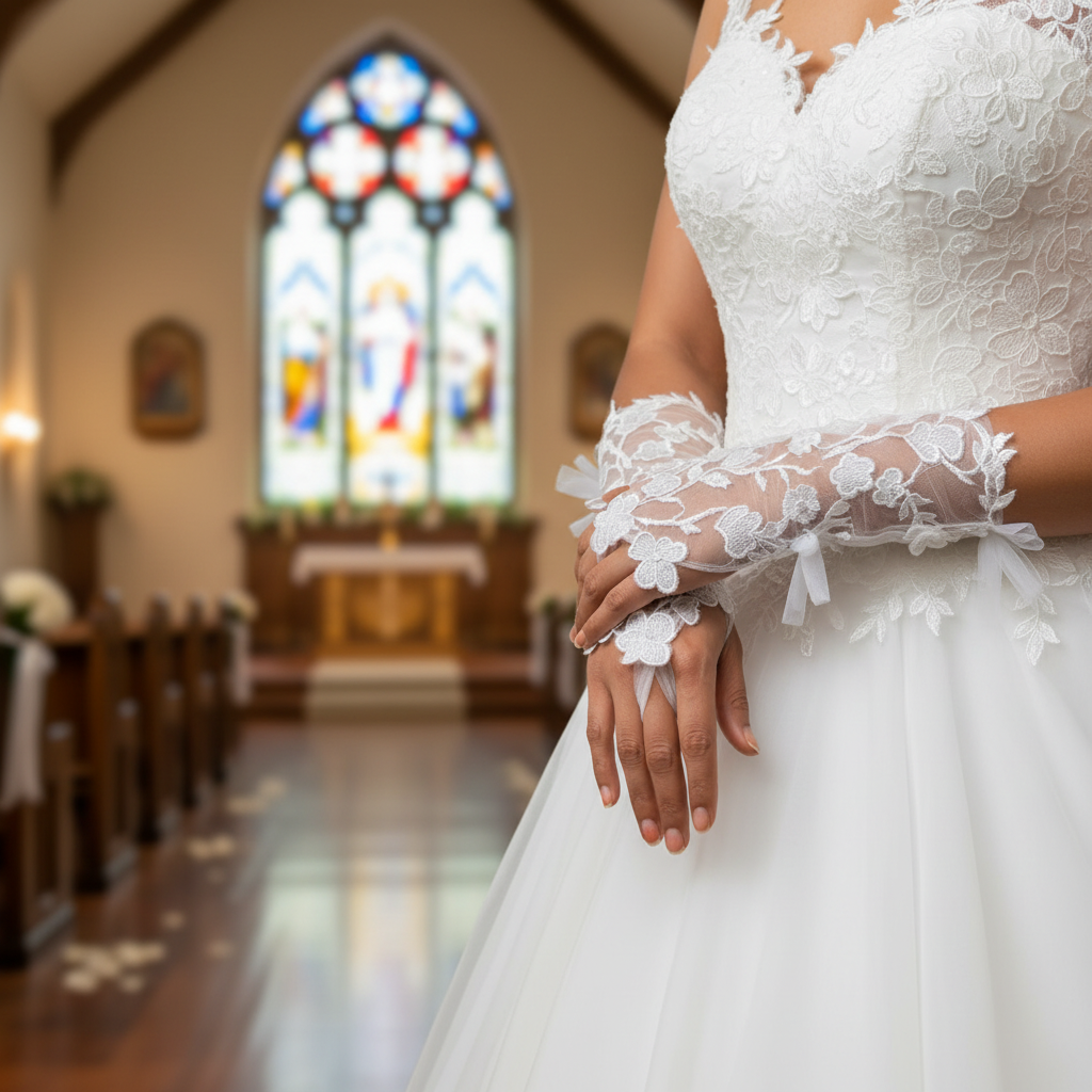 Front view of Bridal Gloves on hands — GownLink G104