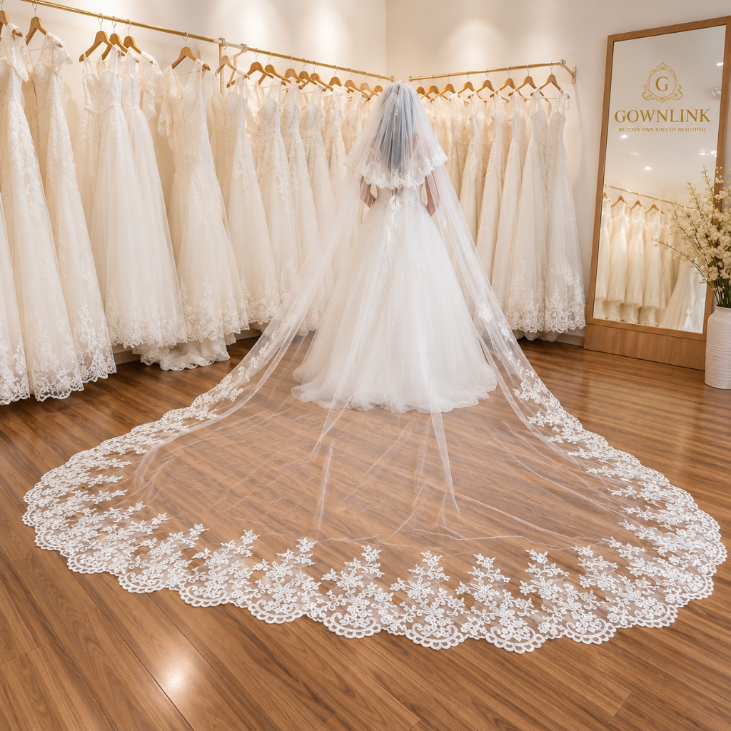 Front view of Cathedral Bridal Veil draped over model — GownLink GLHS14