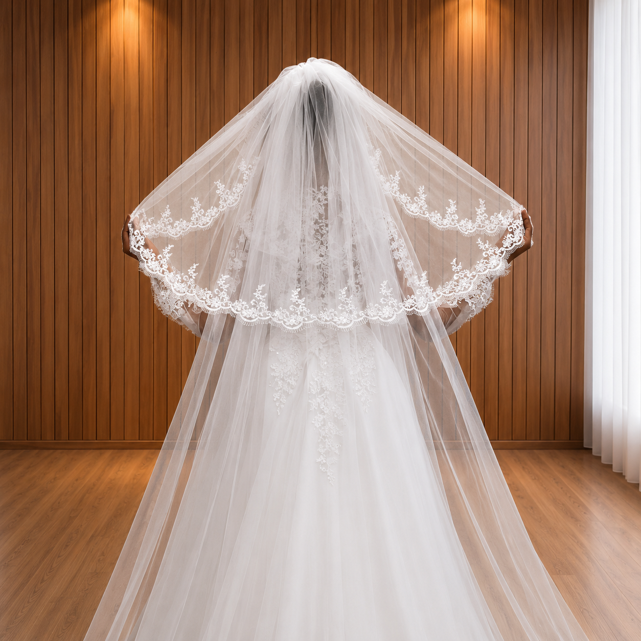 Back view of Cathedral Bridal Veil showing full length and drape — GownLink GLHS14