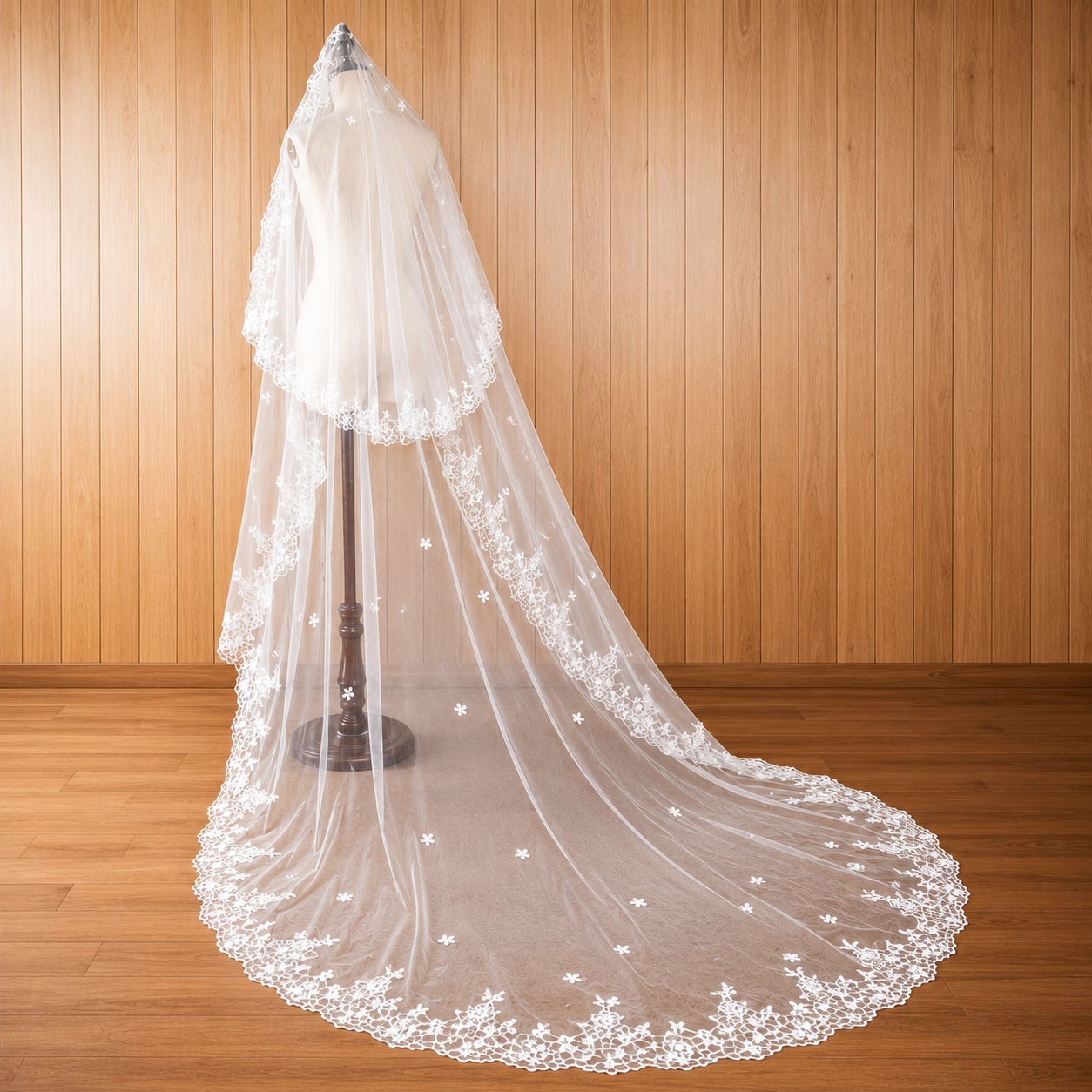 Front view of Cathedral Bridal Veil draped over model — GownLink GLCP4