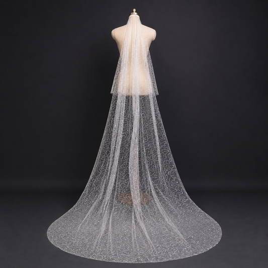 GownLink Sequined Net Cathedral Bridal Long Veil with Front Face Layer & Comb for Christian & Catholic Weddings GLVSEQ1N