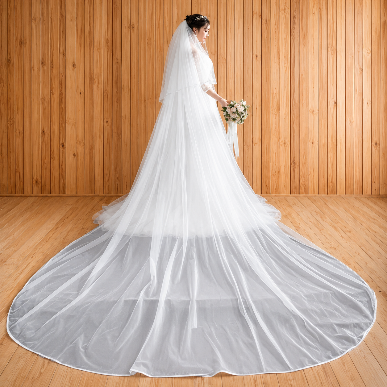 Front view of Cathedral Bridal Veil with Ribbon draped over model — GownLink GLV9