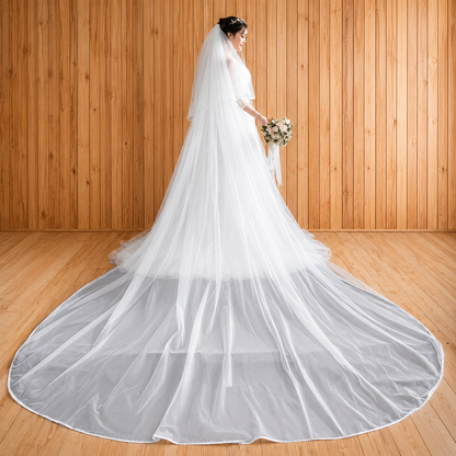 Front view of Cathedral Bridal Veil with Ribbon draped over model — GownLink GLV9
