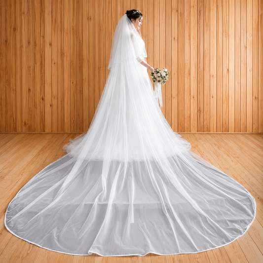 GownLink 2 Tier Veil Ribbon Cathedral Bridal Long Veil Christian & Catholic Wedding  GLV9 3.5 Meter
