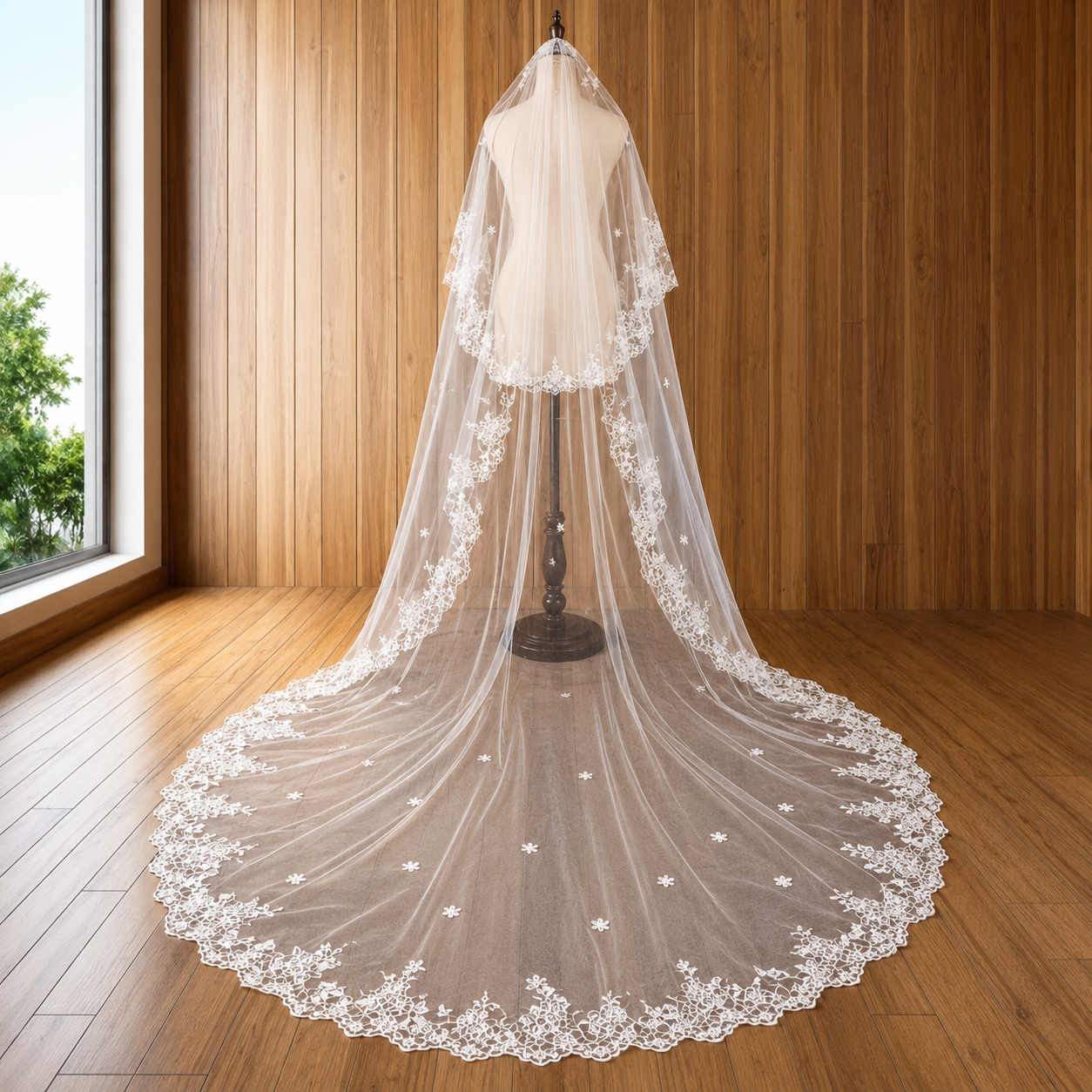 Model wearing Cathedral Bridal Veil with bridal gown — GownLink GLCP4