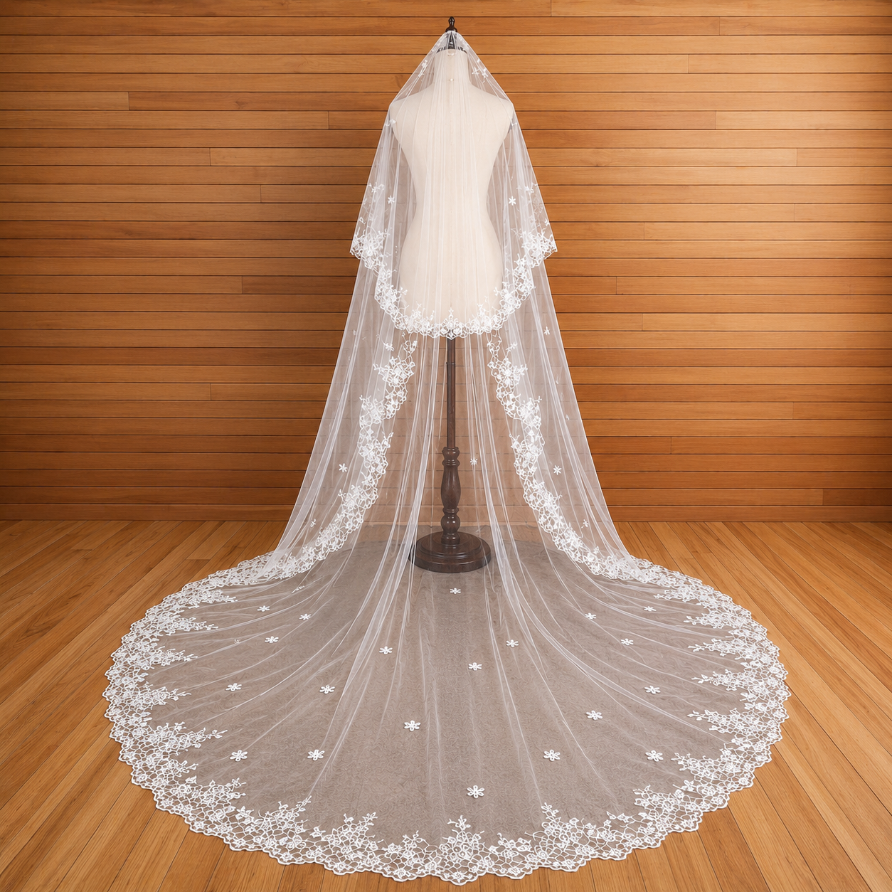 Back view of Cathedral Bridal Veil showing full length and drape — GownLink GLCP4