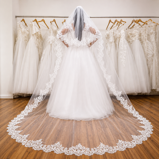 GownLink's Beautiful Cascade Long 3.5mtr Bridal Veil With Comb and Front Face Layer For Christian & Catholic Wedding GLVHL02