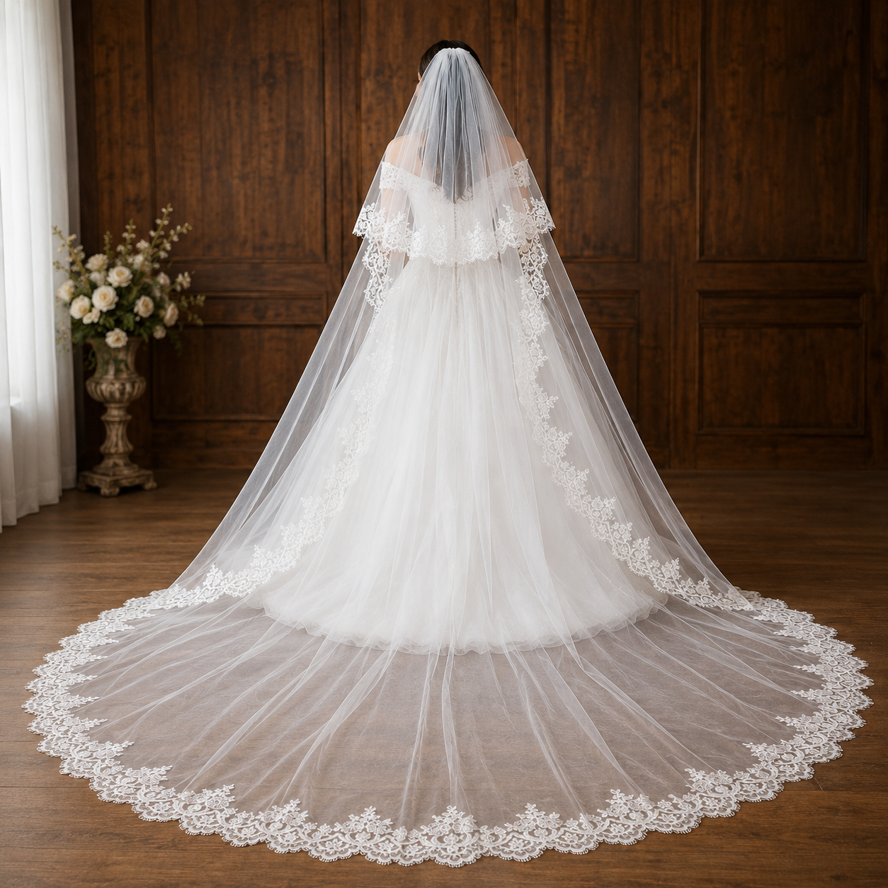 Side view of Long Bridal Veil with comb attachment visible — GownLink GLVHL02