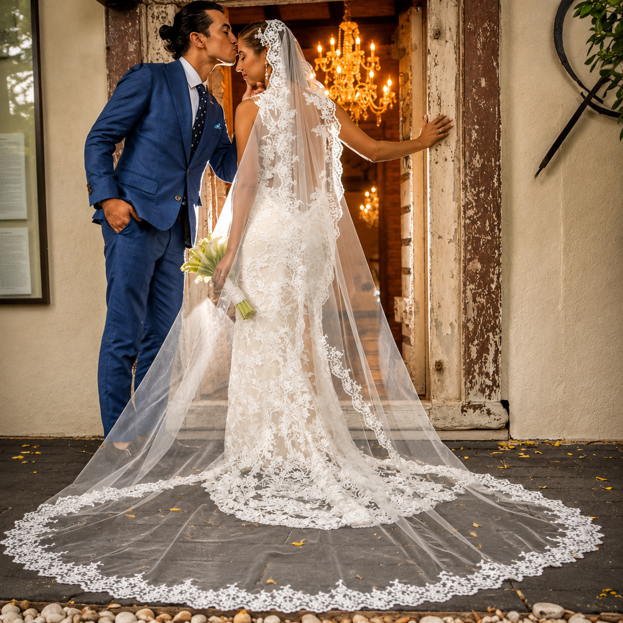 Back view of Long Bridal Veil showing full length and drape — GownLink GLVHL02