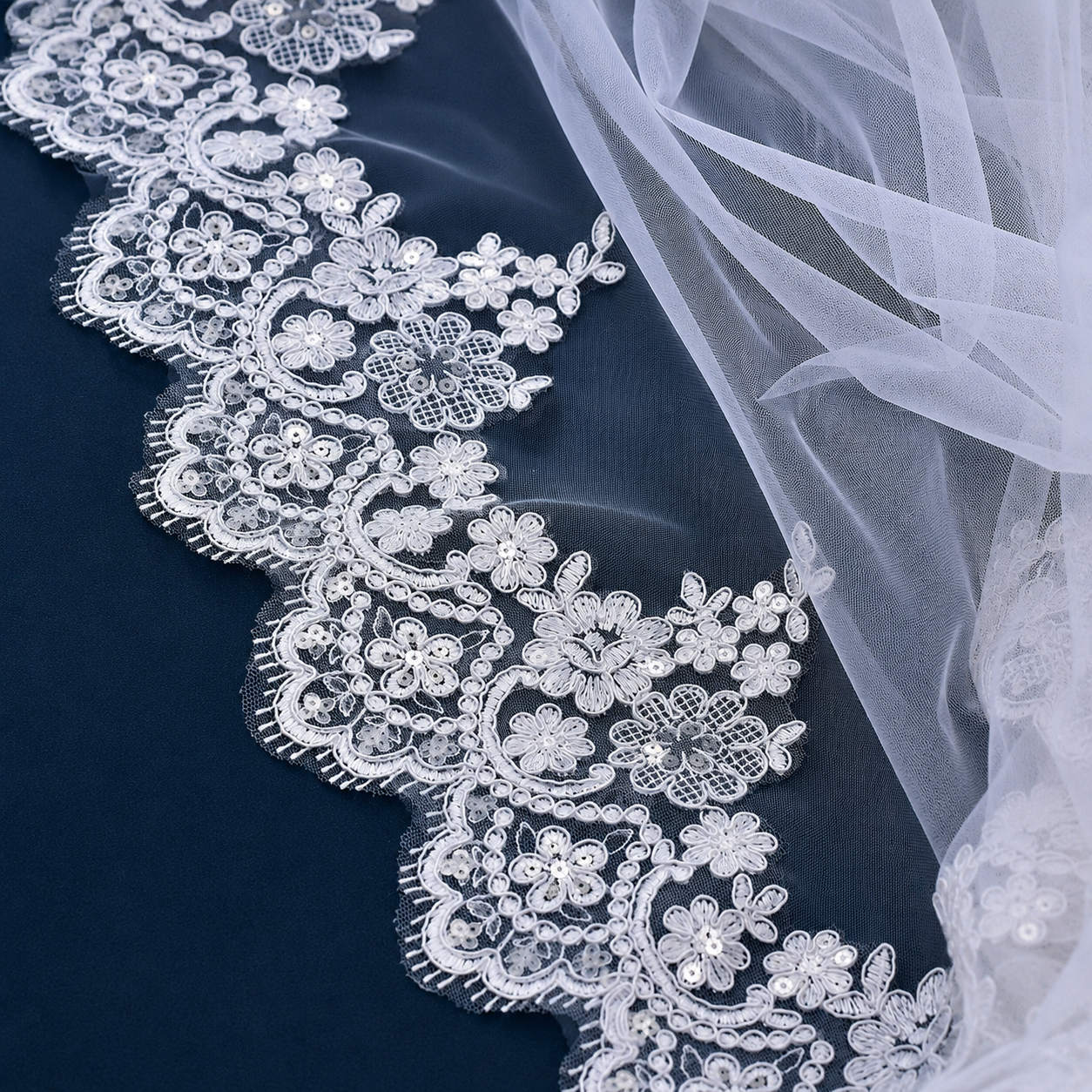 Close-up of lace edge detail on Long Bridal Veil — GownLink GLVHL02
