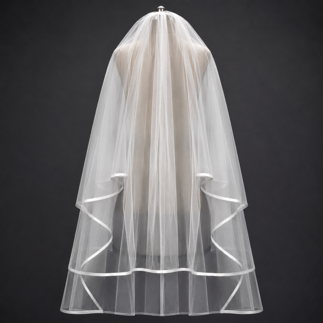 Close-up of lace edge detail on Cathedral Bridal Veil with Ribbon — GownLink GLV9