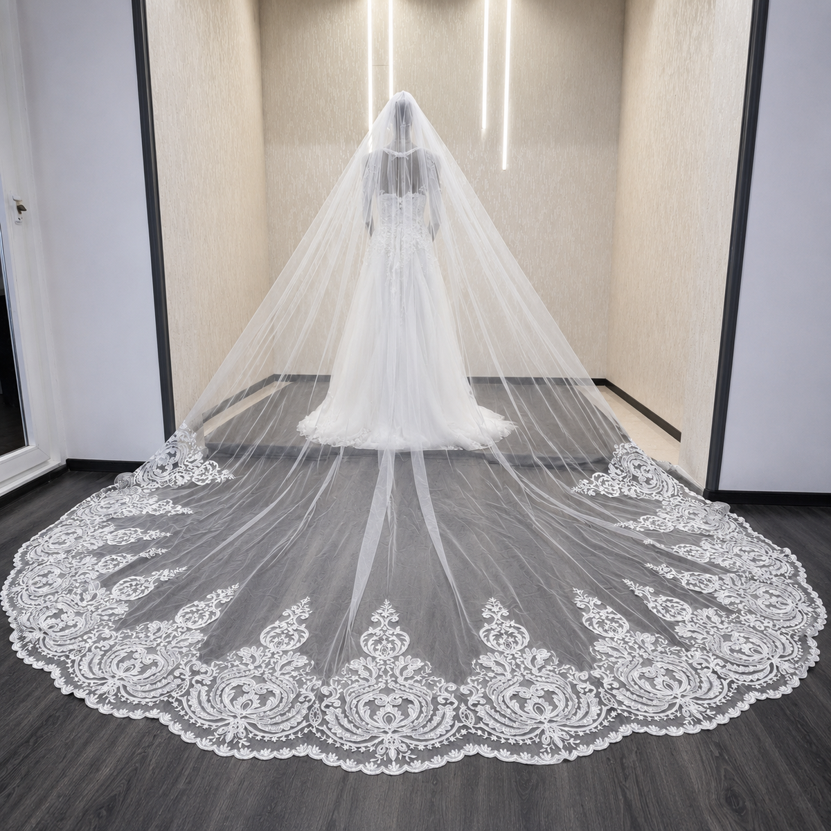 Full spread view of Cathedral Bridal Veil on flat surface — GownLink GLV7