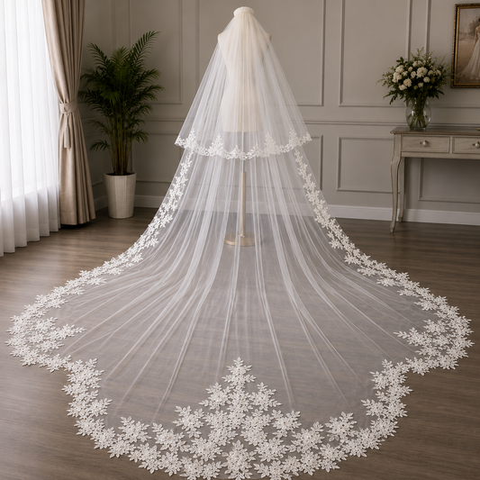 GownLink Cathedral Bridal Long Veil with Front Face Layer & Comb for Christian & Catholic Weddings GLV-Rose