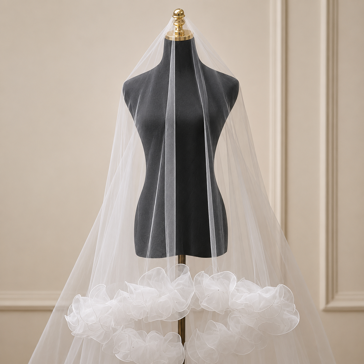 Close-up of lace edge detail on Cathedral Bridal Veil — GownLink CATHEDRAL