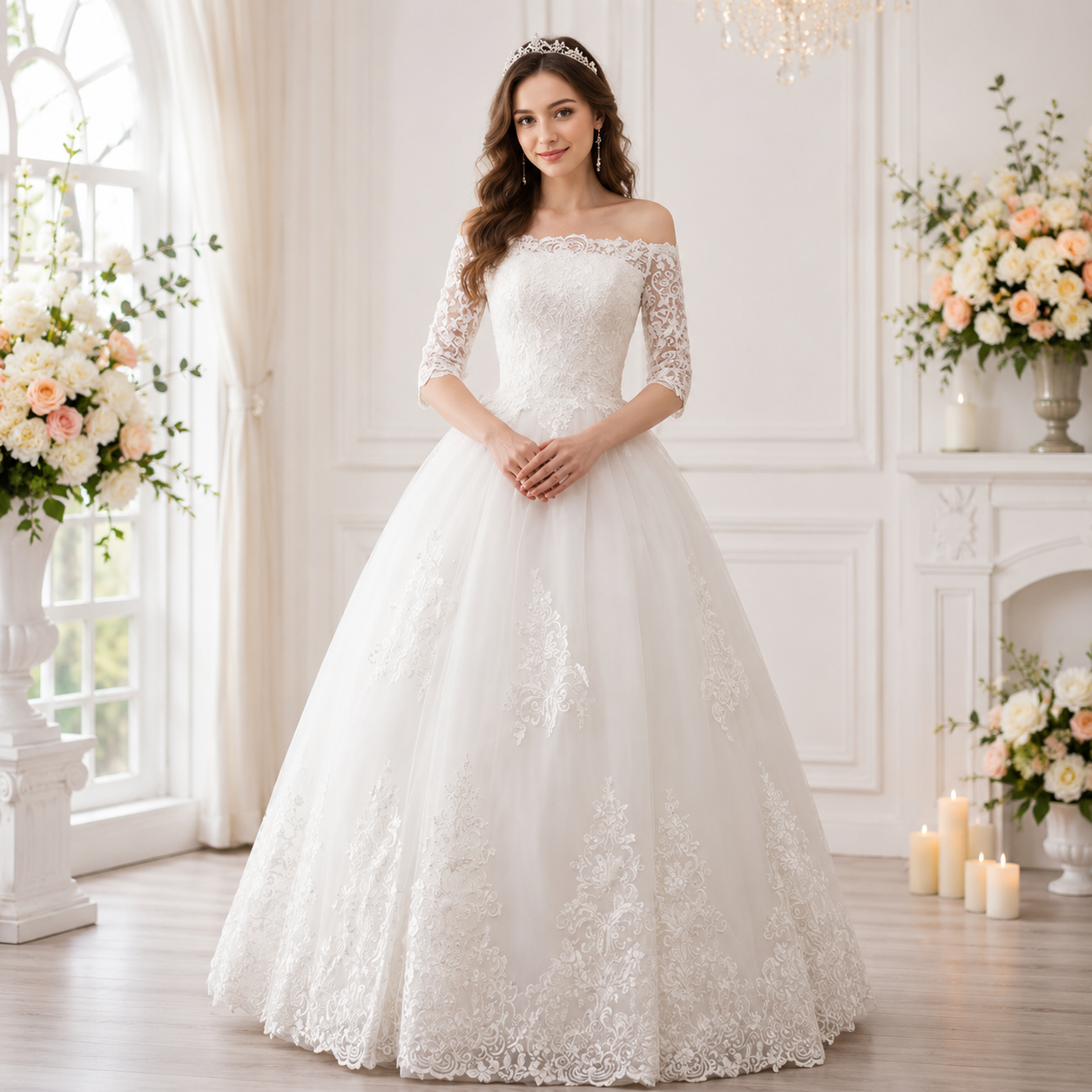 GownLink Elegant Off-Shoulder A-Line Wedding Dress Christian & Catholic Bridal Dress for Church Wedding Brides-GLLQD09B