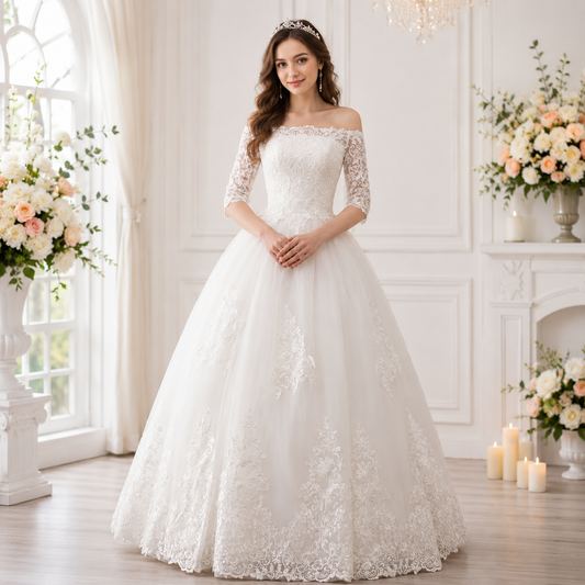 GownLink Elegant Off-Shoulder A-Line Wedding Dress Christian & Catholic Bridal Dress for Church Wedding Brides-GLLQD09B