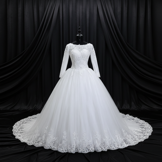 GownLink Christian & Catholic Bridal White Wedding Gown with Long Train, Full Sleeves & Modest Covered Church Bridal Dress – GLHSD189TC