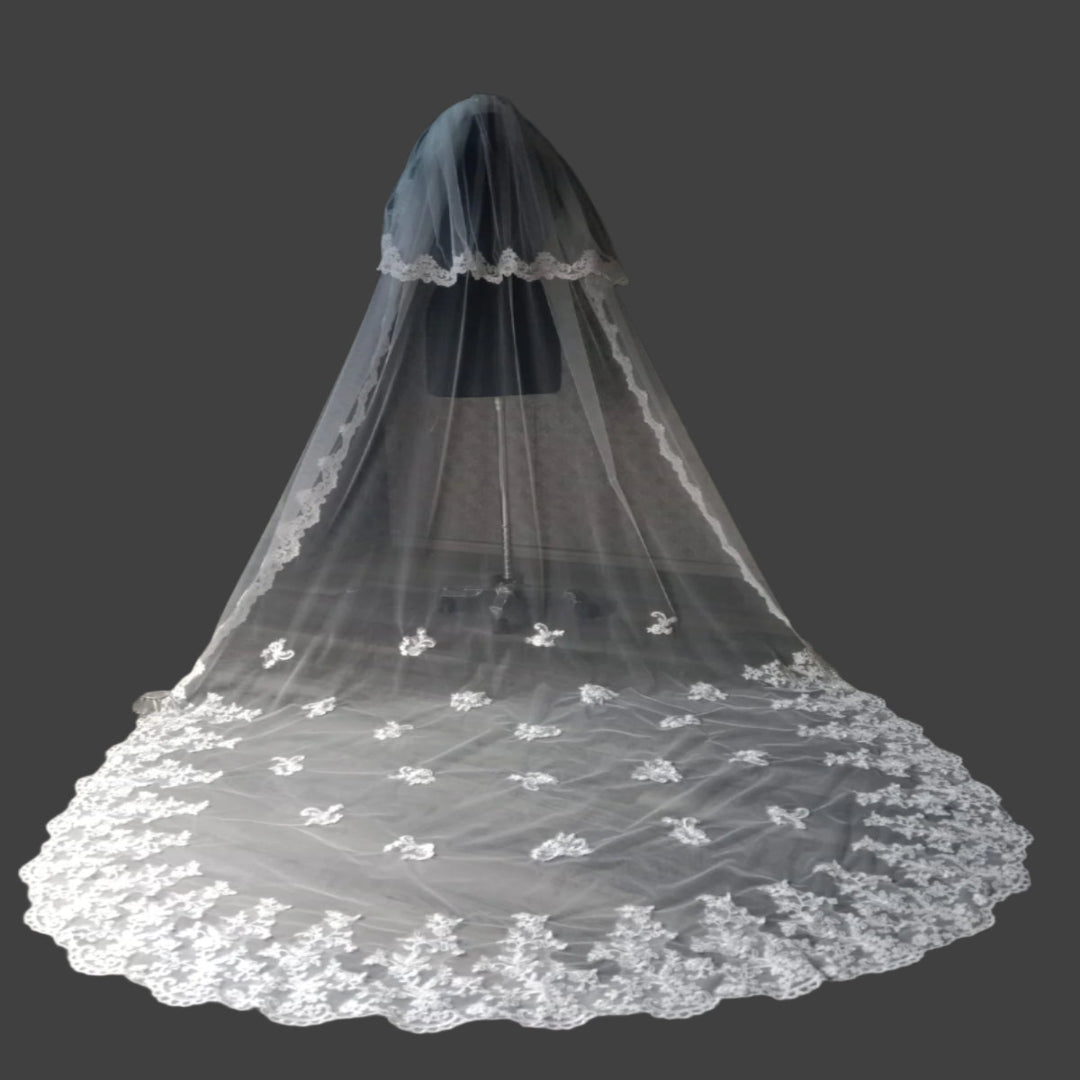 Back view of Cathedral Bridal Veil showing full length and drape — GownLink GLVHM4
