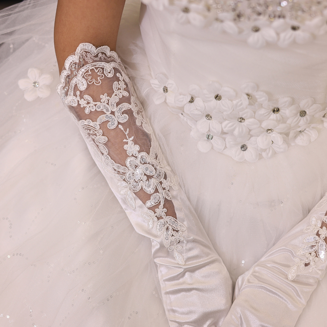 Long white wedding gloves for church in Goa