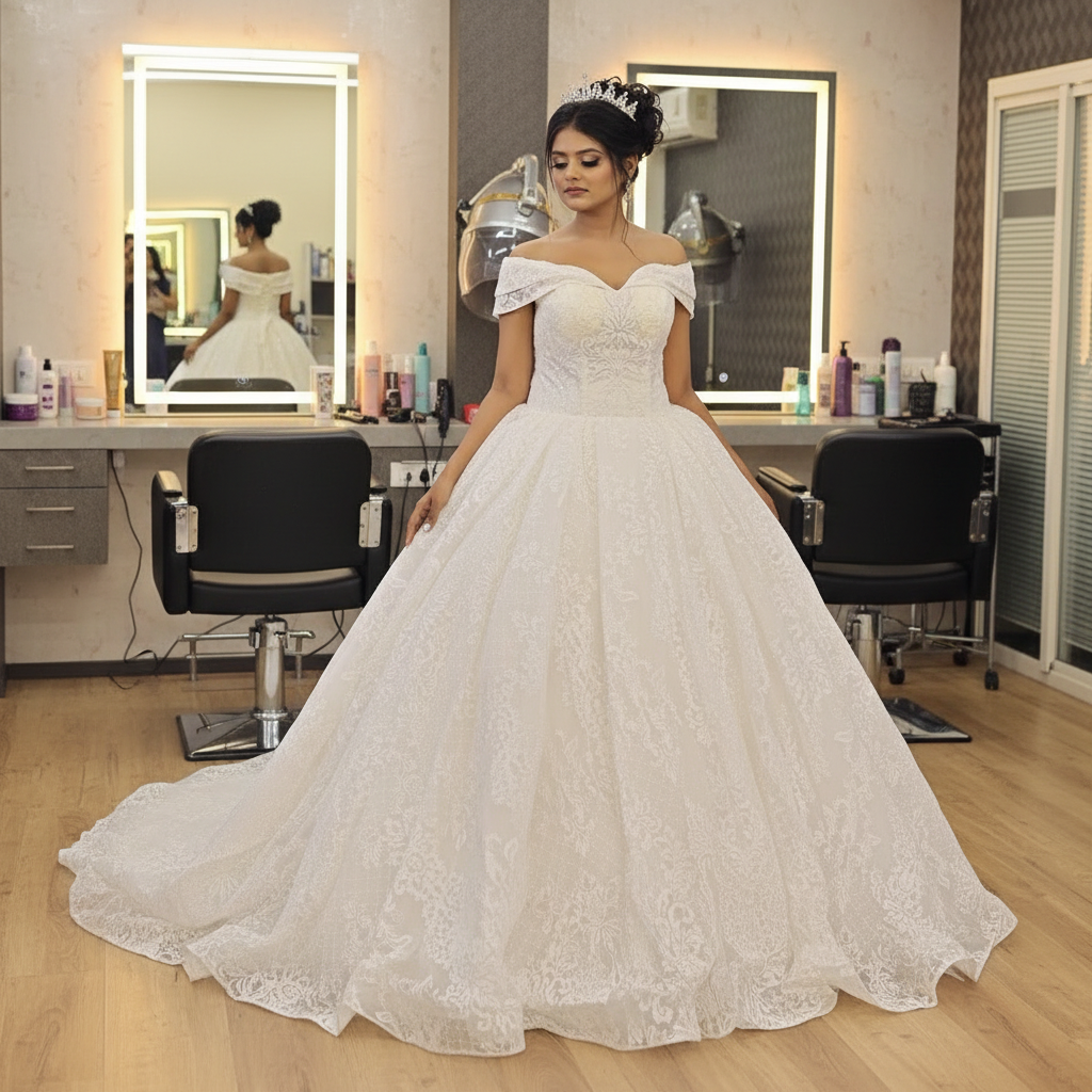 GownLink White Christian Catholic Church Wedding Sparkle Off Shoulder Bridal Train Gown GLGT1088T