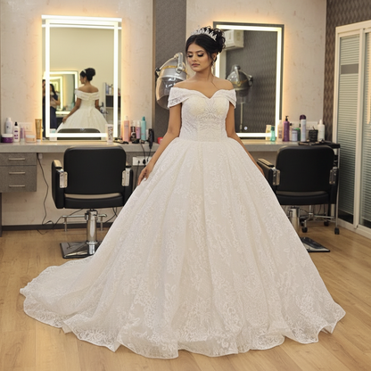 GownLink White Christian Catholic Church Wedding Sparkle Off Shoulder Bridal Train Gown GLGT1088T