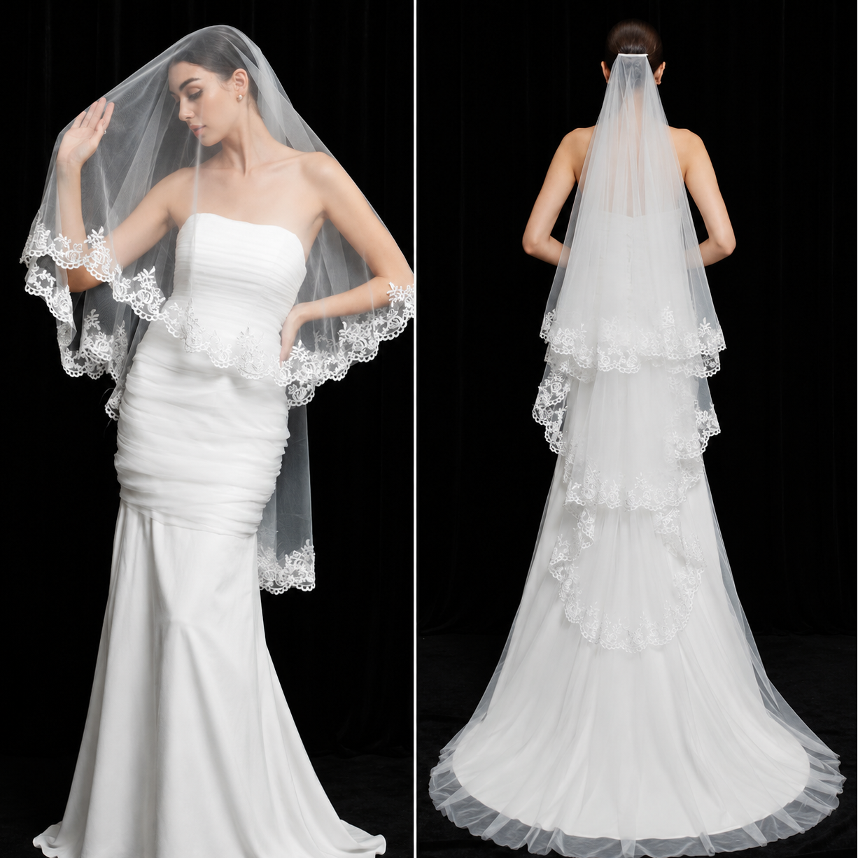 Long elegant bridal veil with lacework GLSVL1800 for Christian & Catholic brides across Kerala, Goa, Mangalore, Tamil Nadu & North-East India, plus NRI brides in USA, UK & Gulf
