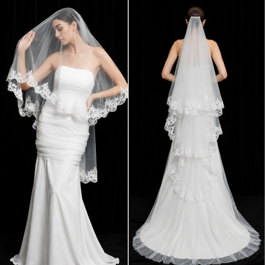 GownLink Long Elegant Bridal Veil, Embellished with Lacework and Comb GLSVL1800